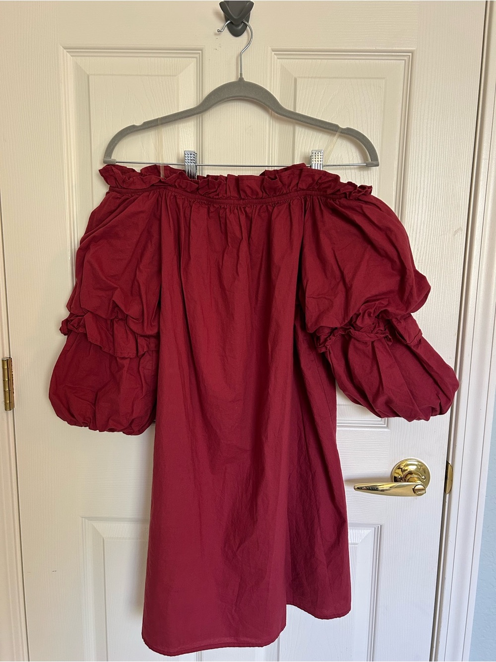 Easel Off-Shoulder Ruffle Puff Sleeve Dress - Burgundy Medium Boho